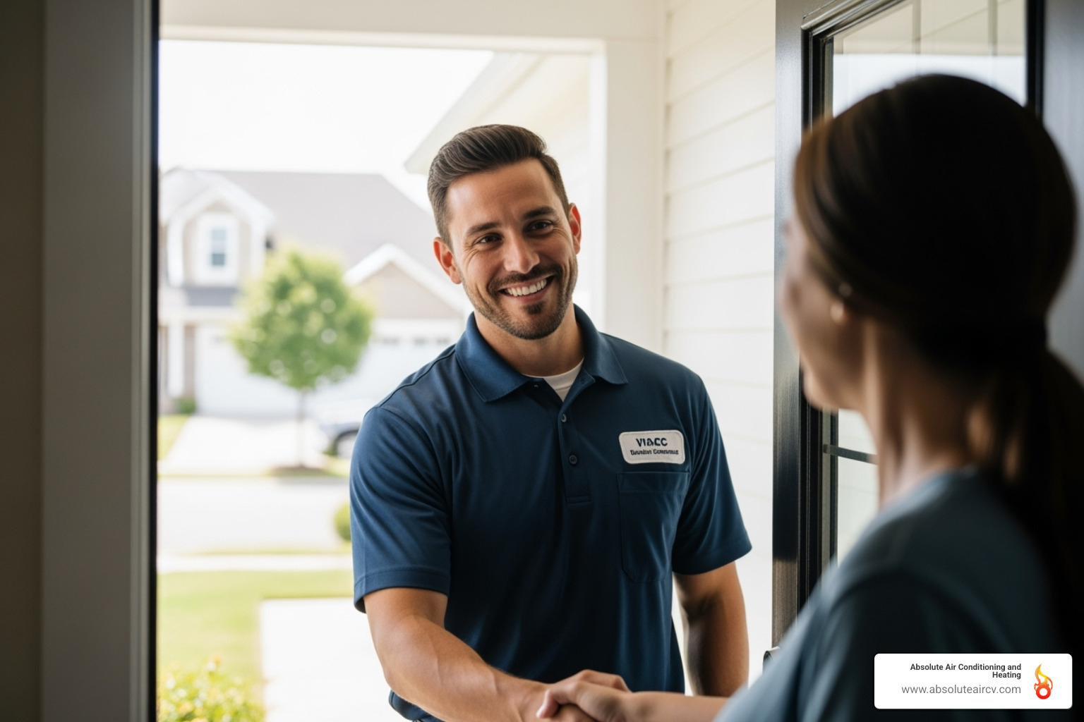 Professional HVAC technician greeting a homeowner - air duct maintenance palm desert Professional HVAC technician greeting a homeowner - air duct maintenance palm desert