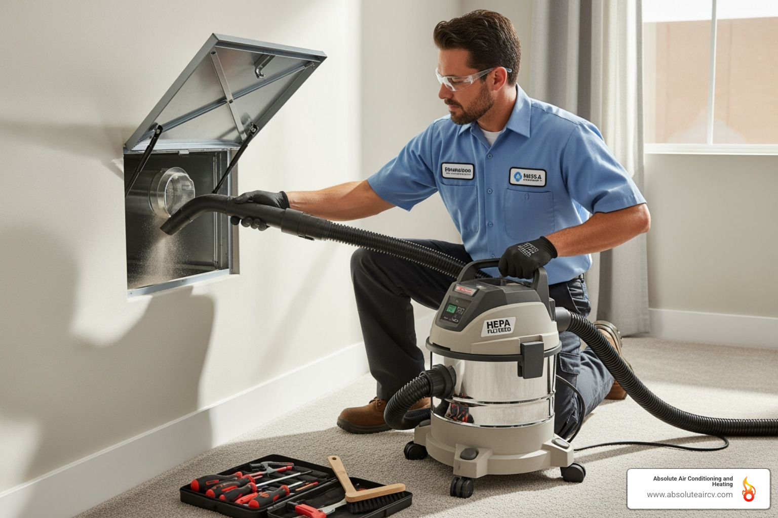 Technician using a HEPA-filtered vacuum to clean air duct - air duct maintenance palm desert Technician using a HEPA-filtered vacuum to clean air duct - air duct maintenance palm desert