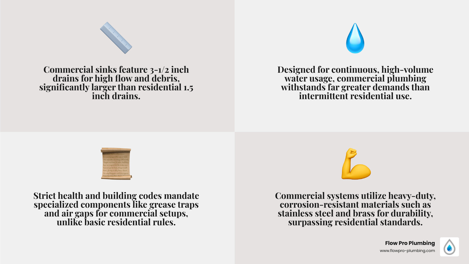 Infographic comparing residential and commercial sink plumbing systems, showing differences in drain sizes, materials, P-trap configurations, grease trap requirements, venting needs, water supply lines, and code compliance standards - commercial sink plumbing infographic 4_facts_emoji_grey Infographic comparing residential and commercial sink plumbing systems, showing differences in drain sizes, materials, P-trap configurations, grease trap requirements, venting needs, water supply lines, and code compliance standards - commercial sink plumbing infographic 4_facts_emoji_grey