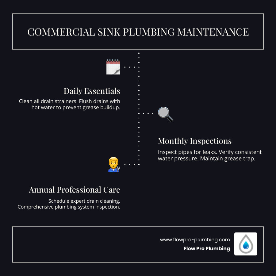 infographic detailing a commercial plumbing maintenance checklist, including daily, weekly, monthly, and annual tasks for drains, grease traps, faucets, and pipes - commercial sink plumbing infographic infographic-line-3-steps-dark infographic detailing a commercial plumbing maintenance checklist, including daily, weekly, monthly, and annual tasks for drains, grease traps, faucets, and pipes - commercial sink plumbing infographic infographic-line-3-steps-dark