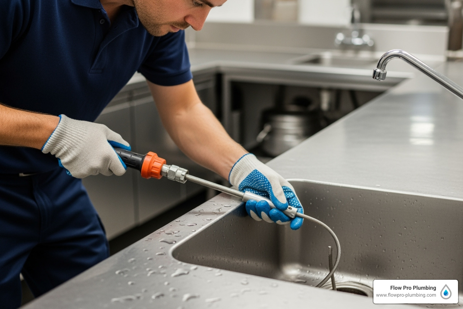 plumber using a tool to clear a clogged commercial sink drain - commercial sink plumbing plumber using a tool to clear a clogged commercial sink drain - commercial sink plumbing
