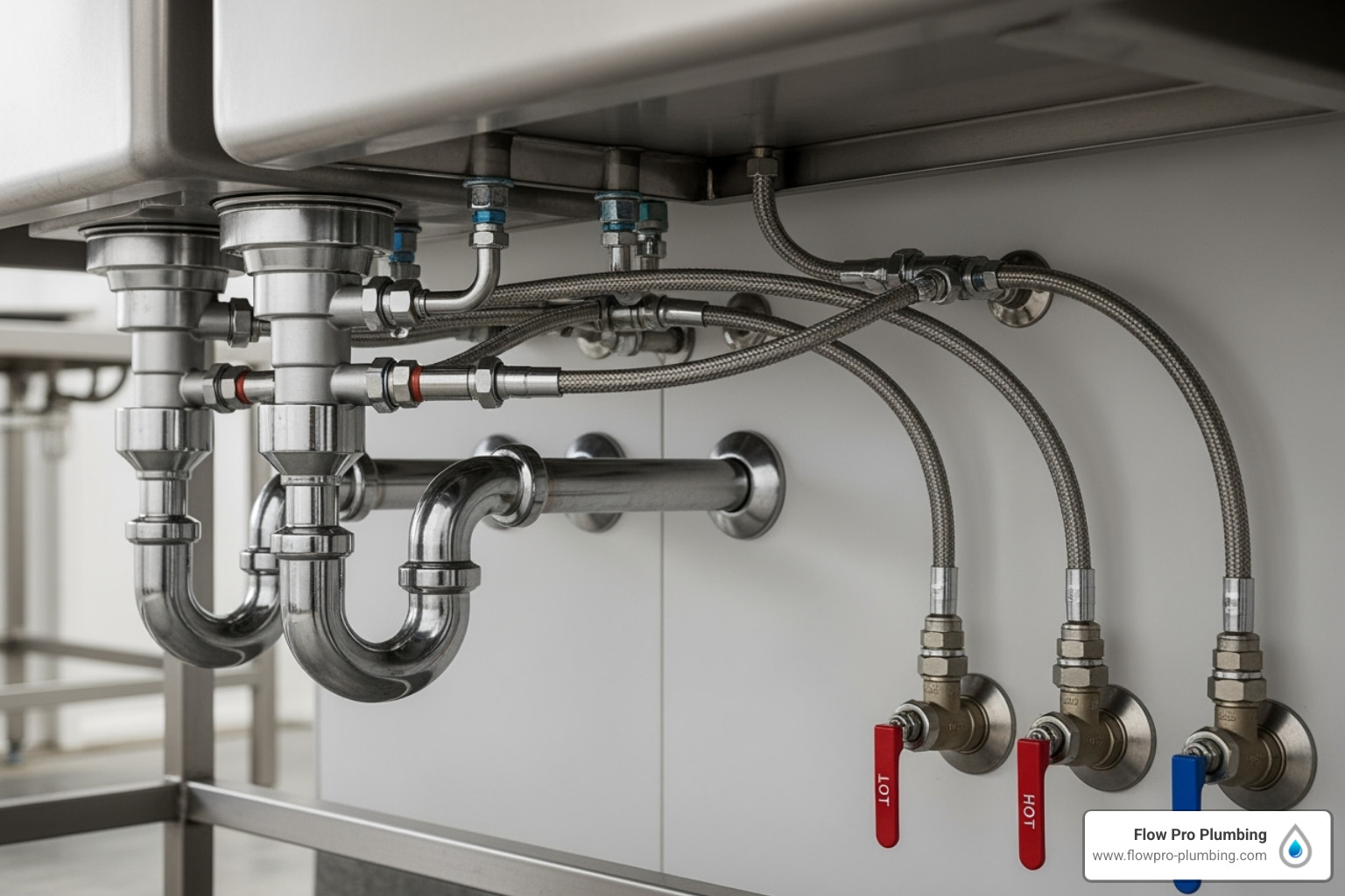 underside of a commercial sink showing P-traps, pipes, and valves - commercial sink plumbing underside of a commercial sink showing P-traps, pipes, and valves - commercial sink plumbing