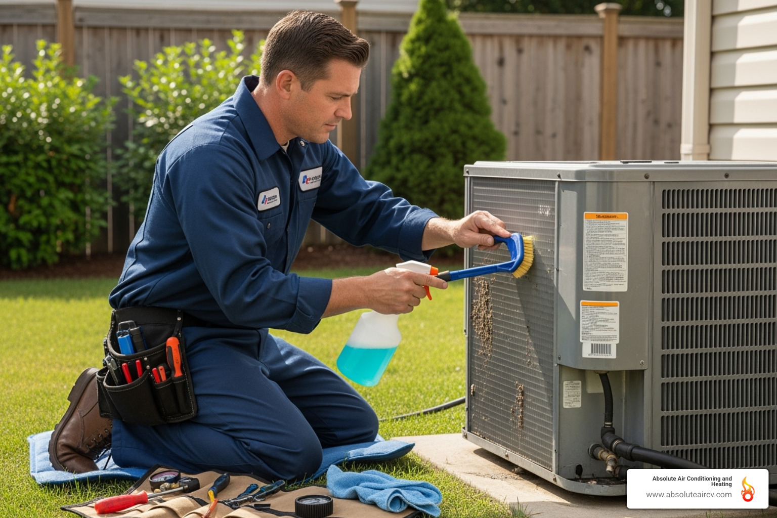 A technician in uniform meticulously cleaning the outdoor condenser coils of an air conditioning unit during a maintenance check - 24 hour ac repair indian wells A technician in uniform meticulously cleaning the outdoor condenser coils of an air conditioning unit during a maintenance check - 24 hour ac repair indian wells
