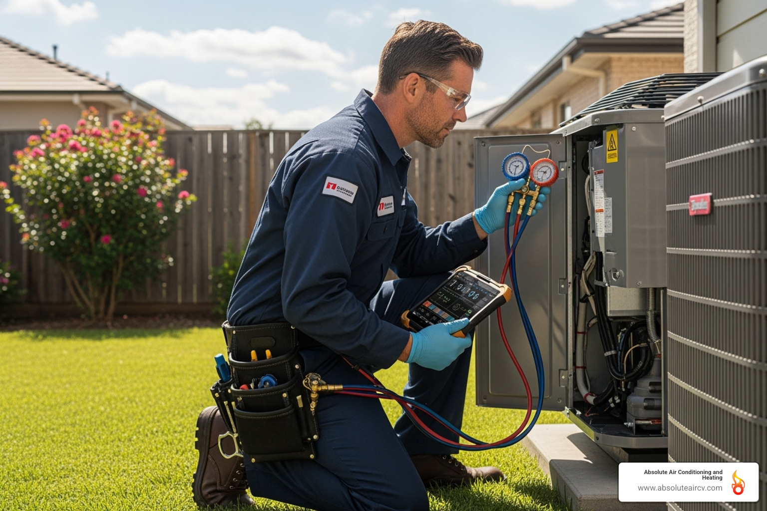 A technician wearing gloves and safety glasses carefully diagnosing an outdoor AC unit with tools and a tablet - 24 hour ac repair indian wells A technician wearing gloves and safety glasses carefully diagnosing an outdoor AC unit with tools and a tablet - 24 hour ac repair indian wells
