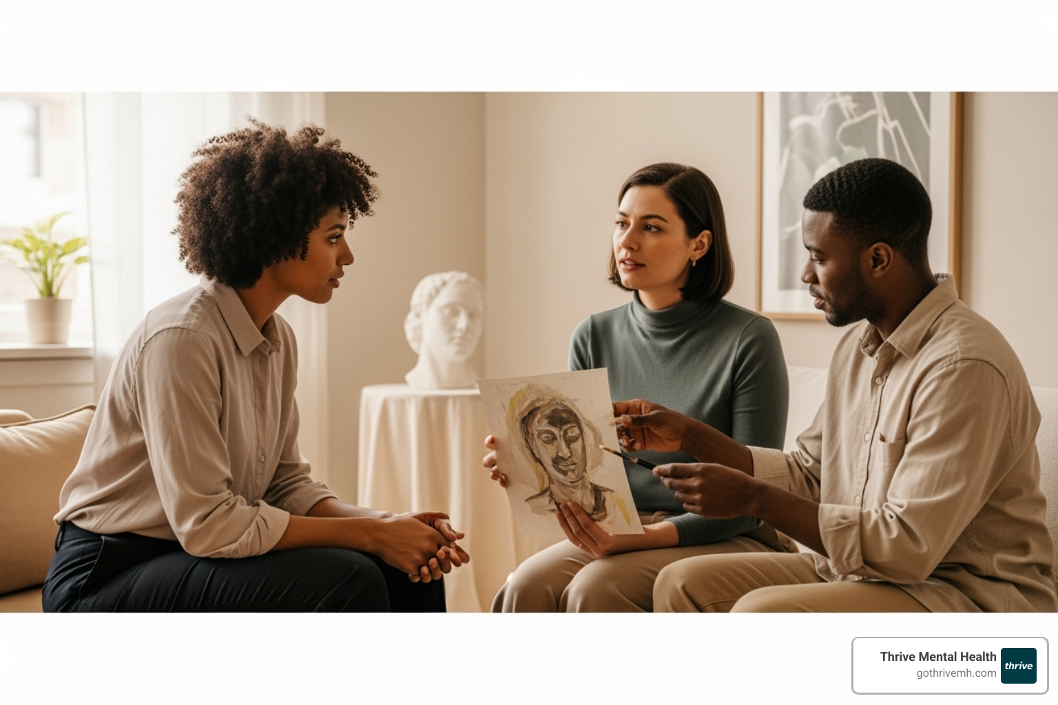 therapist and client discussing a piece of art - art therapy and counseling