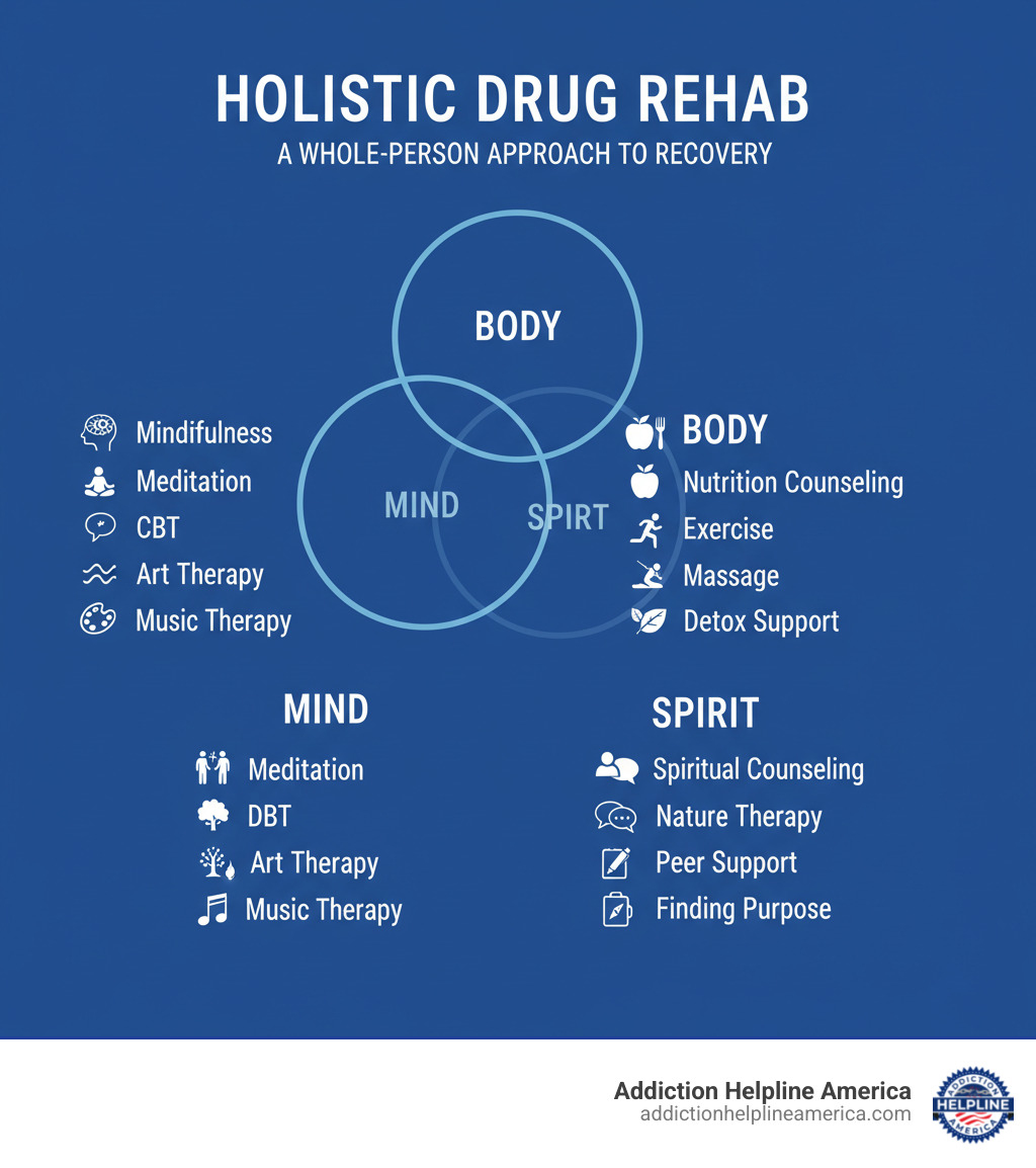 Infographic showing three interconnected circles labeled Mind, Body, and Spirit. Under Mind: Mindfulness, Meditation, CBT, DBT, Art Therapy, Music Therapy. Under Body: Nutrition Counseling, Exercise, Yoga, Massage, Acupuncture, Detox Support. Under Spirit: Spiritual Counseling, Nature Therapy, Peer Support, Journaling, Finding Purpose. - Holistic Drug Rehab infographic 