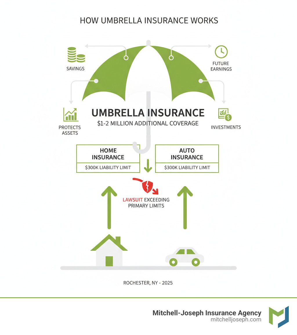 Infographic showing how umbrella insurance works: Starting with a house and car at the base, arrows pointing to home insurance ($300K liability limit) and auto insurance ($300K liability limit), then an umbrella covering both with an additional $1-2 million in coverage above, protecting assets like savings, investments, and future earnings from lawsuits that exceed primary policy limits - umbrella insurance rochester ny infographic 