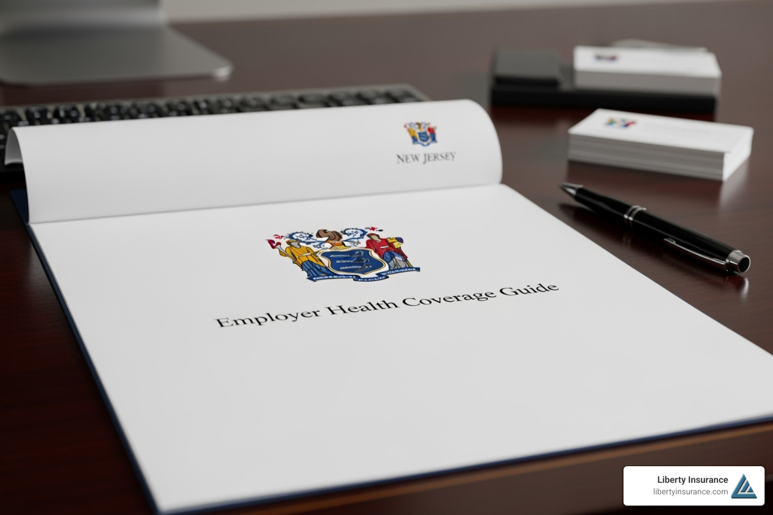 Image of a document with the New Jersey state seal, titled "Employer Health Coverage Guide" - Health insurance for businesses NJ