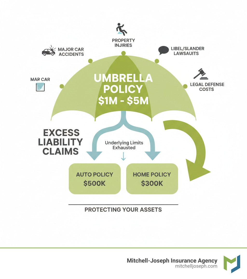 Infographic showing how umbrella insurance works: Primary policies (Auto $500k, Home $300k) at the base, with an umbrella policy ($1M-$5M) extending above them to cover excess liability claims from scenarios like major car accidents, property injuries, libel/slander lawsuits, and legal defense costs. The graphic illustrates that umbrella coverage activates only after underlying policy limits are exhausted. - personal umbrella insurance agent ny infographic Infographic showing how umbrella insurance works: Primary policies (Auto $500k, Home $300k) at the base, with an umbrella policy ($1M-$5M) extending above them to cover excess liability claims from scenarios like major car accidents, property injuries, libel/slander lawsuits, and legal defense costs. The graphic illustrates that umbrella coverage activates only after underlying policy limits are exhausted. - personal umbrella insurance agent ny infographic