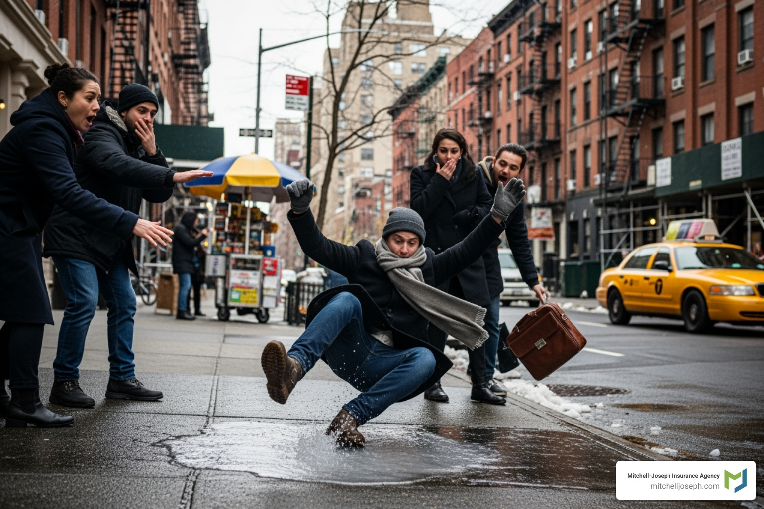Illustration of a person slipping on ice on a New York City sidewalk, with onlookers reacting. - personal umbrella insurance agent ny Illustration of a person slipping on ice on a New York City sidewalk, with onlookers reacting. - personal umbrella insurance agent ny