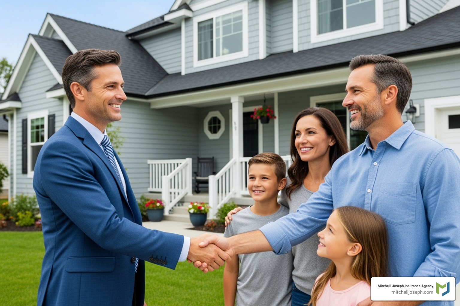 A friendly insurance agent smiling and shaking hands with a family (a couple and two children) in front of their home. - personal umbrella insurance agent ny A friendly insurance agent smiling and shaking hands with a family (a couple and two children) in front of their home. - personal umbrella insurance agent ny
