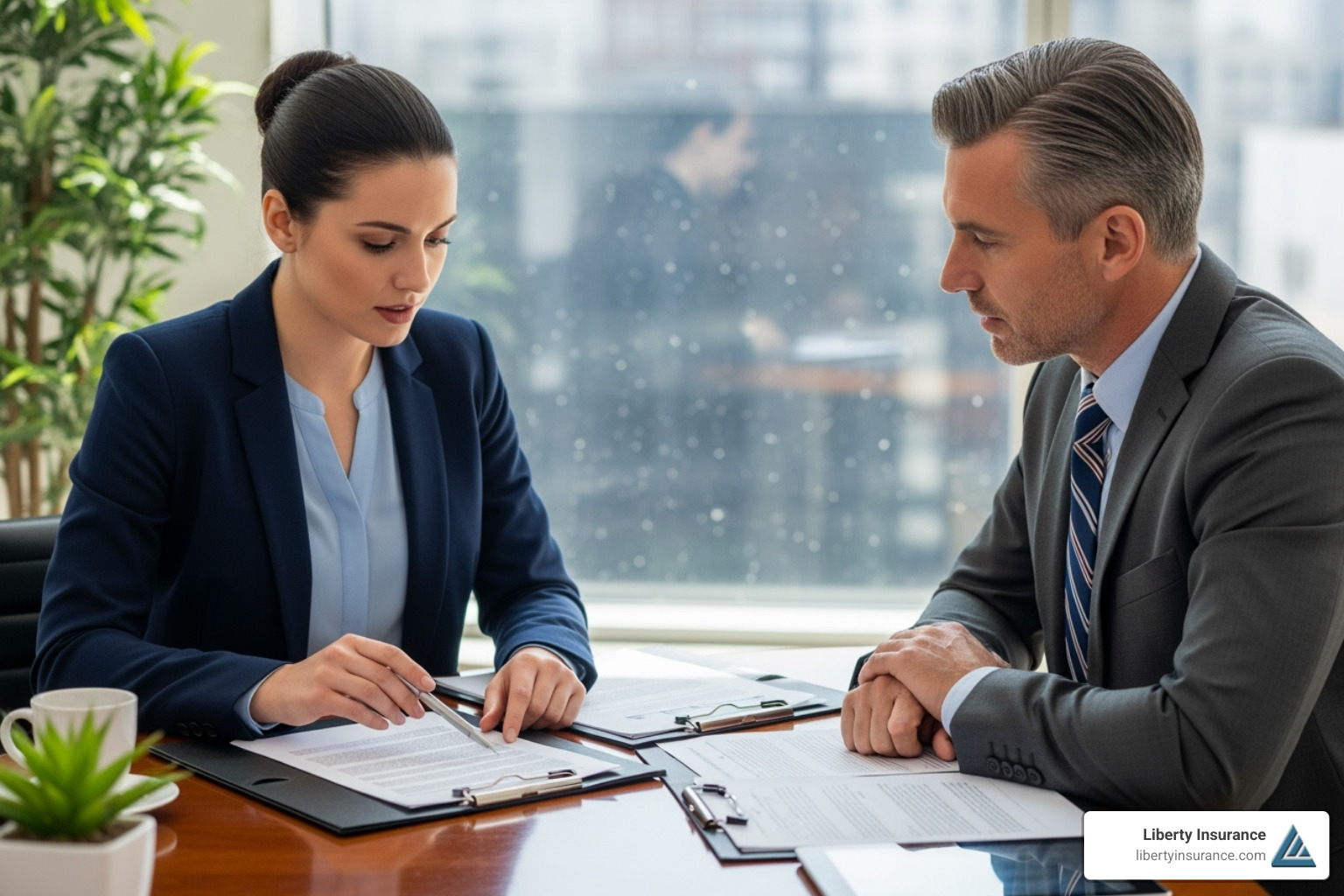 Small business owner reviewing insurance documents with a Liberty Insurance agent - what is a fiduciary liability insurance policy