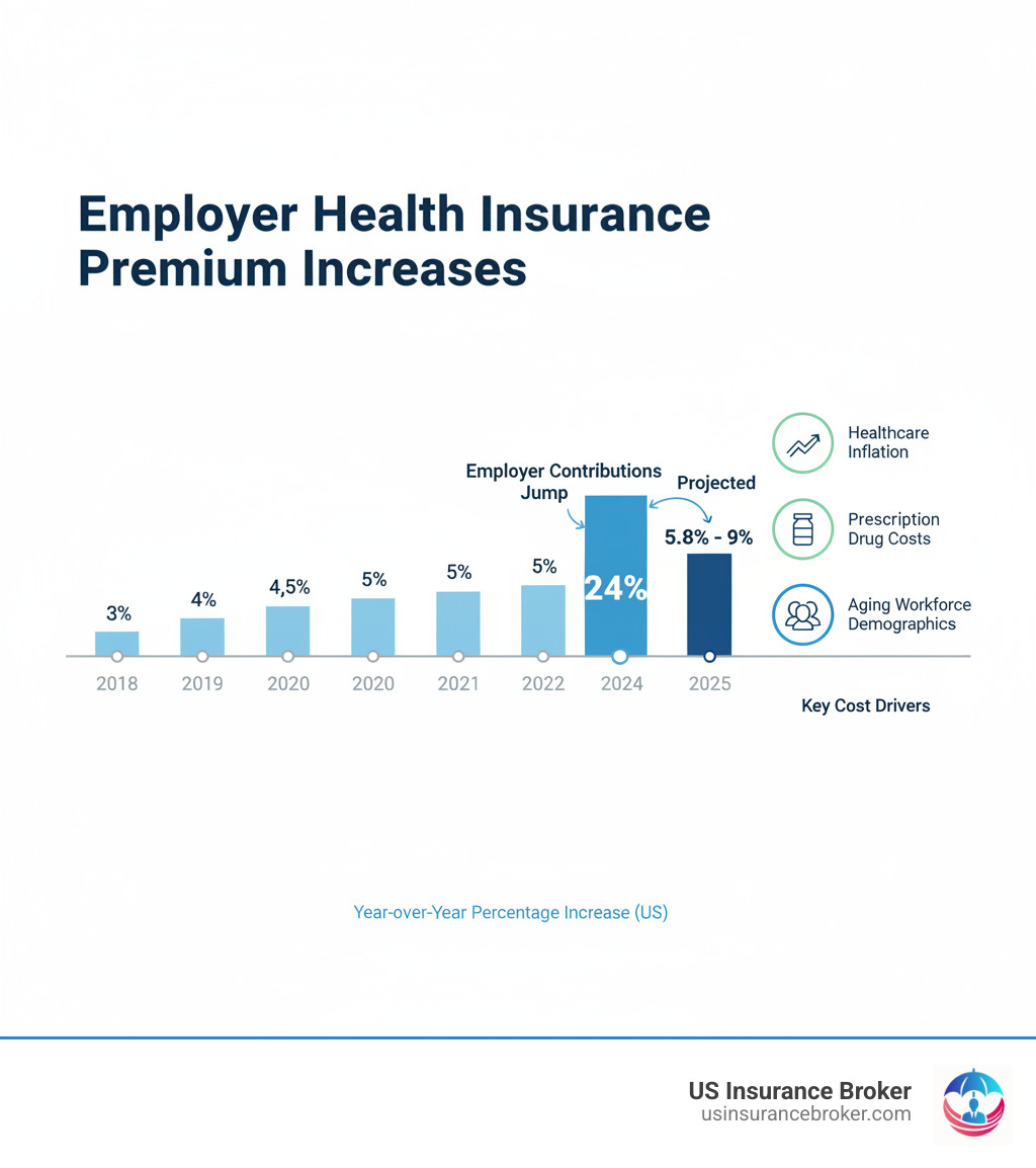 Infographic showing year-over-year percentage increases in employer health insurance premiums from 2018 to 2025, highlighting the 24% jump in employer contributions in 2023 and projected 5.8-9% increases for 2025, with callouts for key cost drivers including healthcare inflation, prescription drug costs, and aging workforce demographics - corporate health insurance rates infographic Infographic showing year-over-year percentage increases in employer health insurance premiums from 2018 to 2025, highlighting the 24% jump in employer contributions in 2023 and projected 5.8-9% increases for 2025, with callouts for key cost drivers including healthcare inflation, prescription drug costs, and aging workforce demographics - corporate health insurance rates infographic