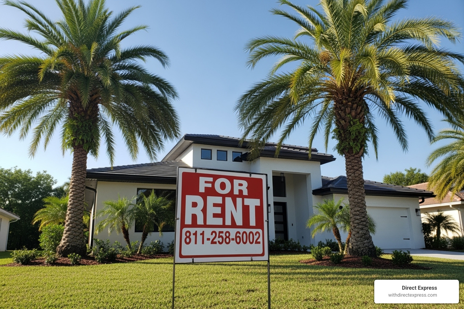 A "For Rent" sign in front of a modern Largo property with palm trees - home selling assistance largo