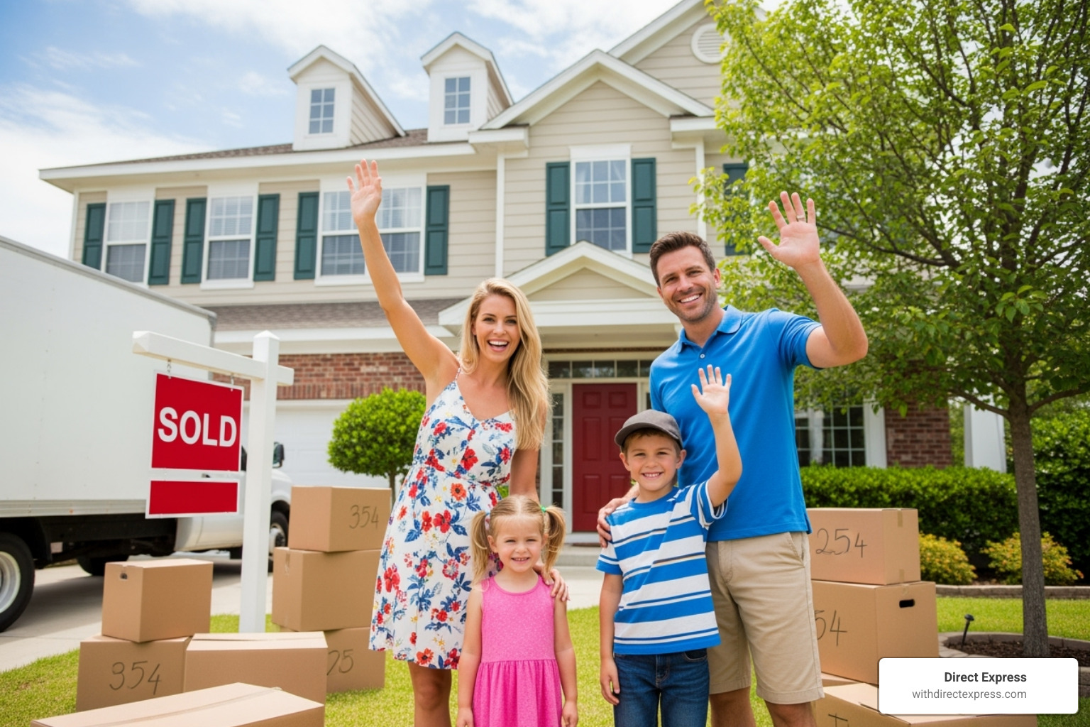 A family happily moving out of their sold home, waving goodbye - home selling assistance largo