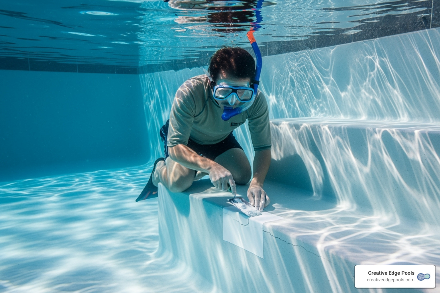 Person in goggles and snorkel applying a white patch to a small crack on a gunite pool step underwater - underwater swimming pool plaster repair