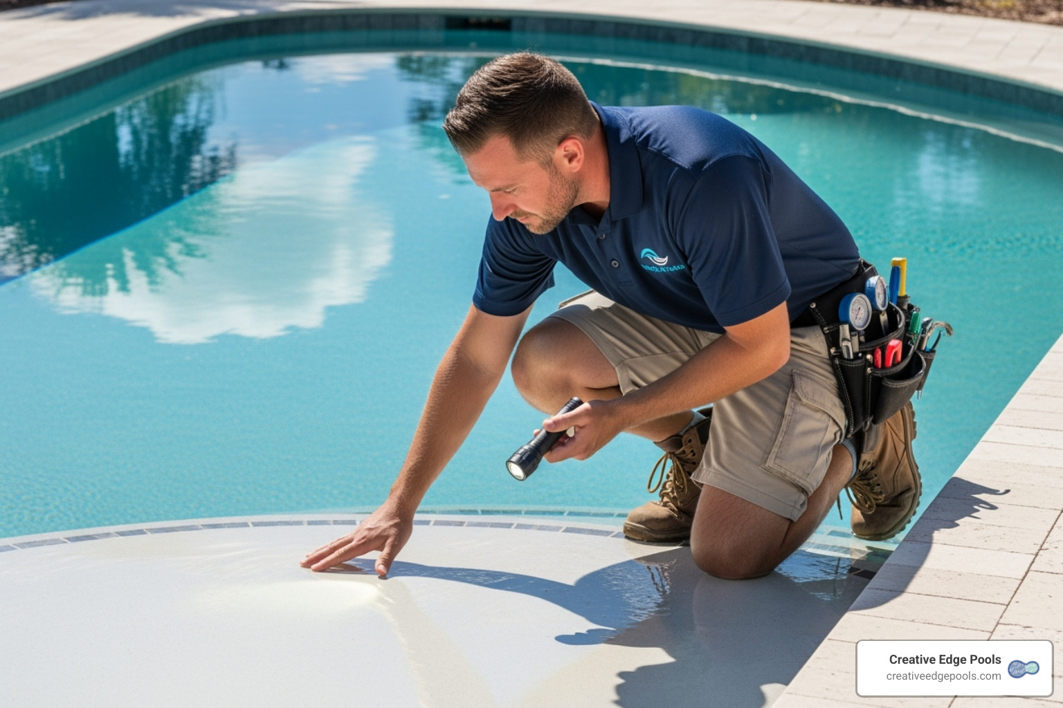 Professional pool technician inspecting the pristine plaster of a gunite pool - underwater swimming pool plaster repair