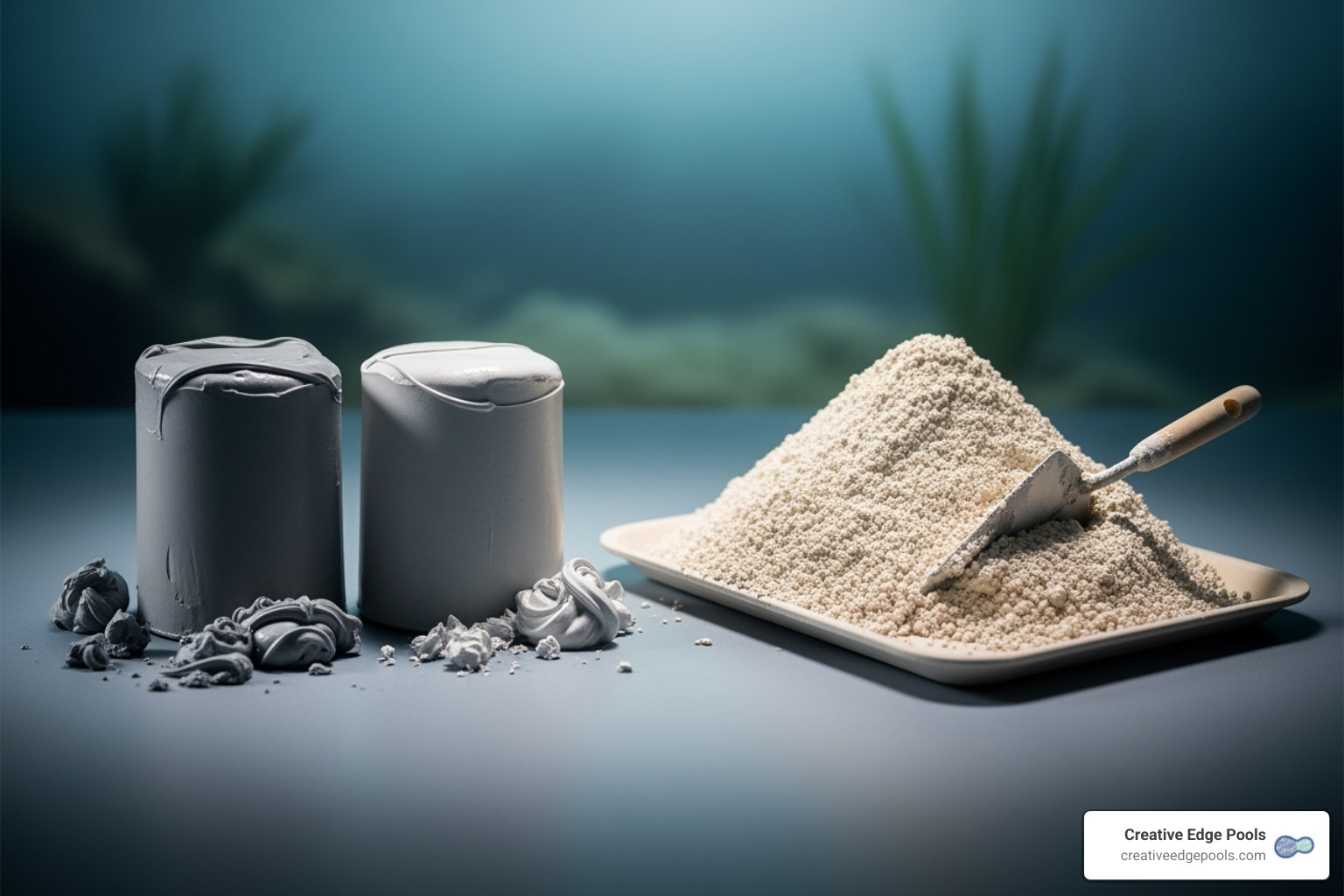 Two types of underwater repair materials: epoxy putty and a plaster mix, ready for use - underwater swimming pool plaster repair