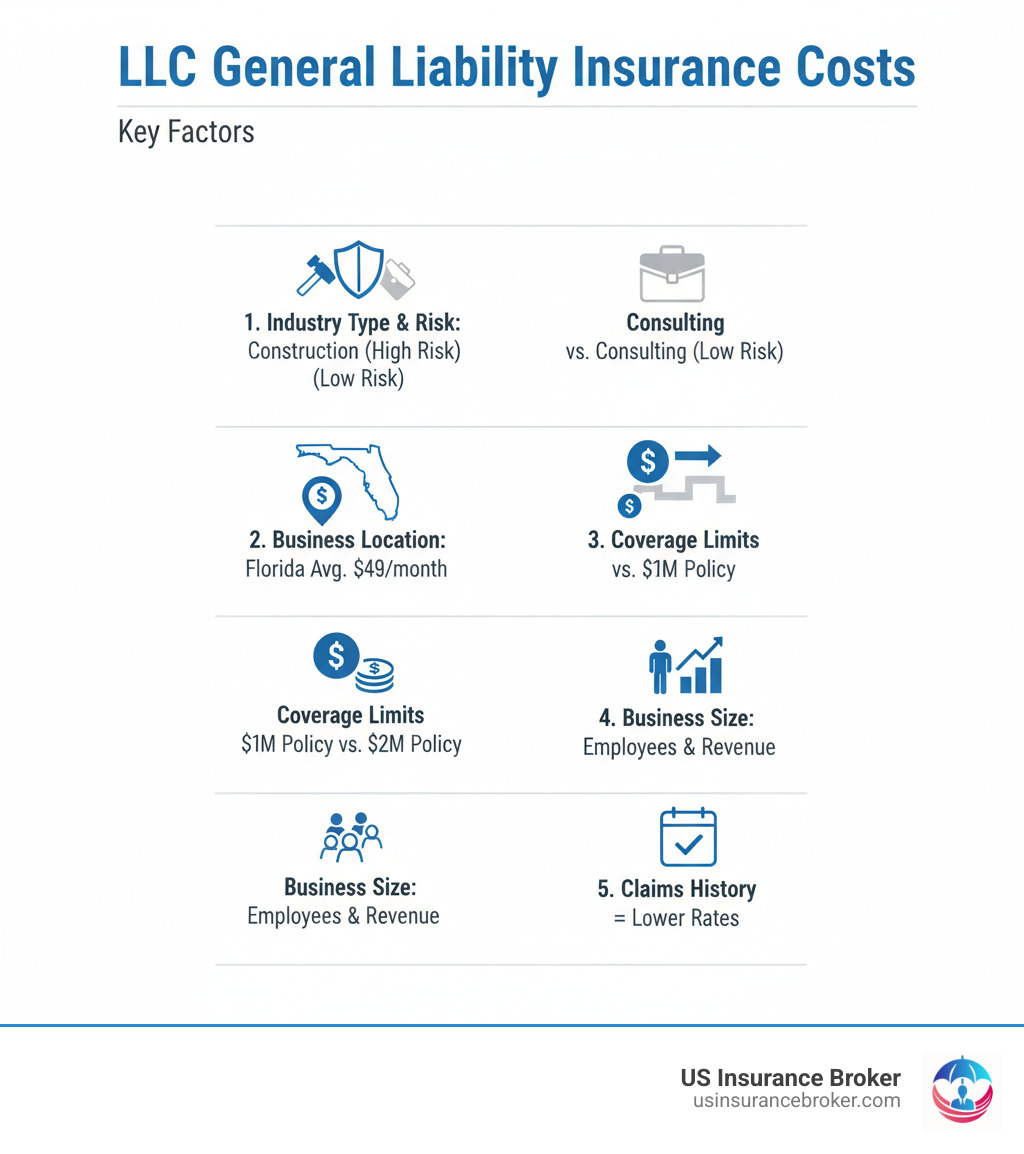 Infographic showing key factors that determine LLC general liability insurance costs: Industry type and risk exposure (construction vs consulting), business location (Florida averages $49/month), coverage limits ($1M vs $2M policy), business size (employees and revenue), and claims history (clean record = lower rates) - how much is general liability insurance for an llc infographic Infographic showing key factors that determine LLC general liability insurance costs: Industry type and risk exposure (construction vs consulting), business location (Florida averages $49/month), coverage limits ($1M vs $2M policy), business size (employees and revenue), and claims history (clean record = lower rates) - how much is general liability insurance for an llc infographic