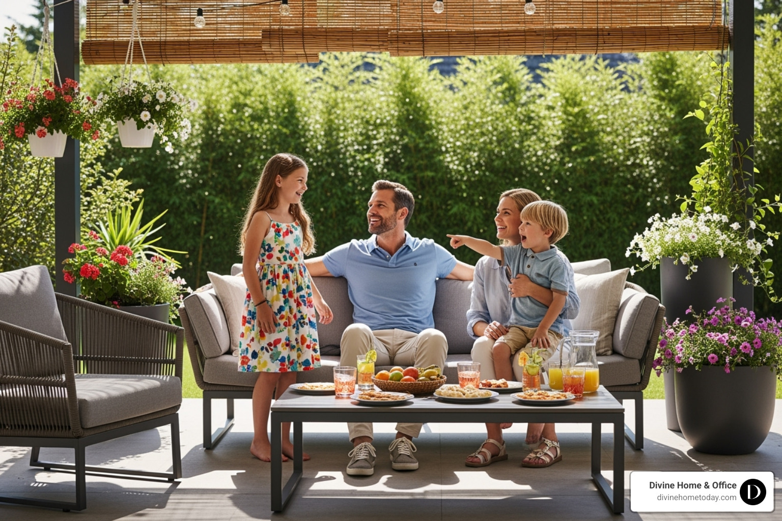 family enjoying covered patio - Outdoor living space Denver family enjoying covered patio - Outdoor living space Denver