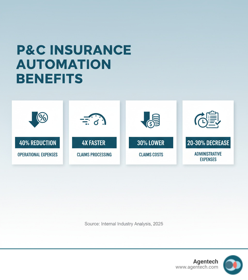 Infographic showing key benefits of P&C insurance automation: 40% reduction in operational expenses, 4x faster claims processing, 30% lower claims costs, 50-70% reduced cycle times, and 20-30% decrease in administrative expenses - automate insurance processes infographic