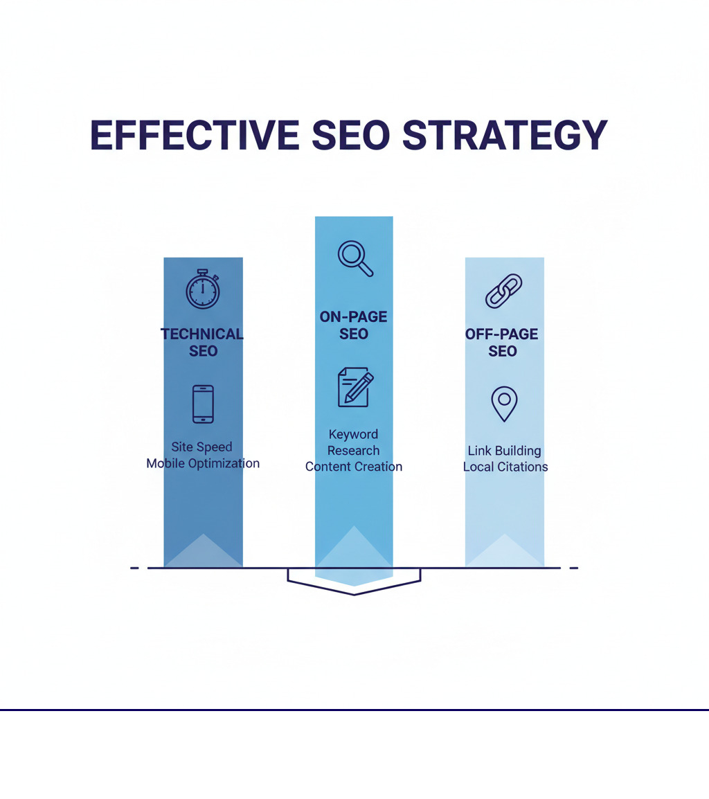 infographic showing three pillars of effective SEO strategy: Technical SEO including site speed and mobile optimization, On-Page SEO including keyword research and content creation, and Off-Page SEO including link building and local citations - akron SEO company infographic 