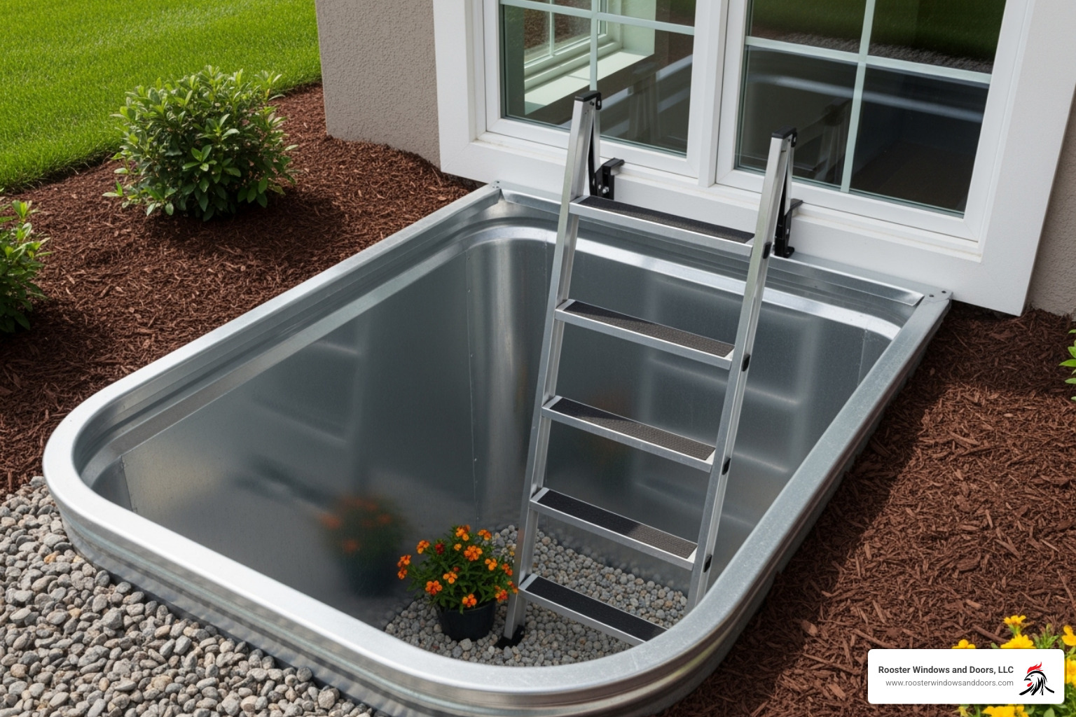 code-compliant egress window with a window well and ladder - Basement Windows