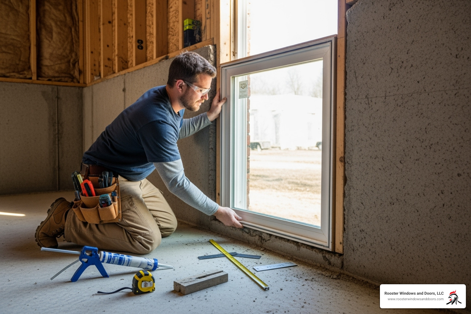 professional installer fitting a new vinyl basement window into a concrete foundation - Basement Windows