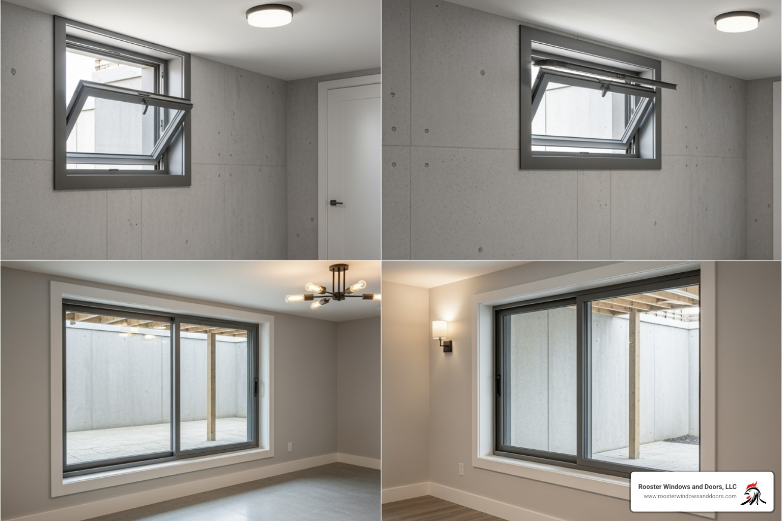 collage showing different basement window types like hopper, awning, and sliding - Basement Windows