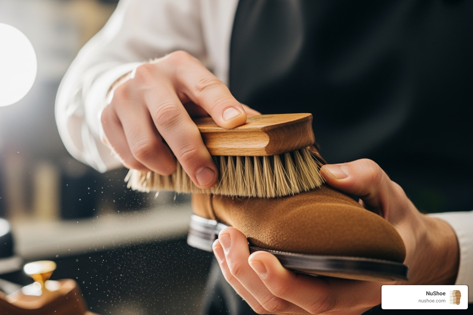 shoe care expert carefully brushing a suede shoe to restore its nap - suede restoration near me