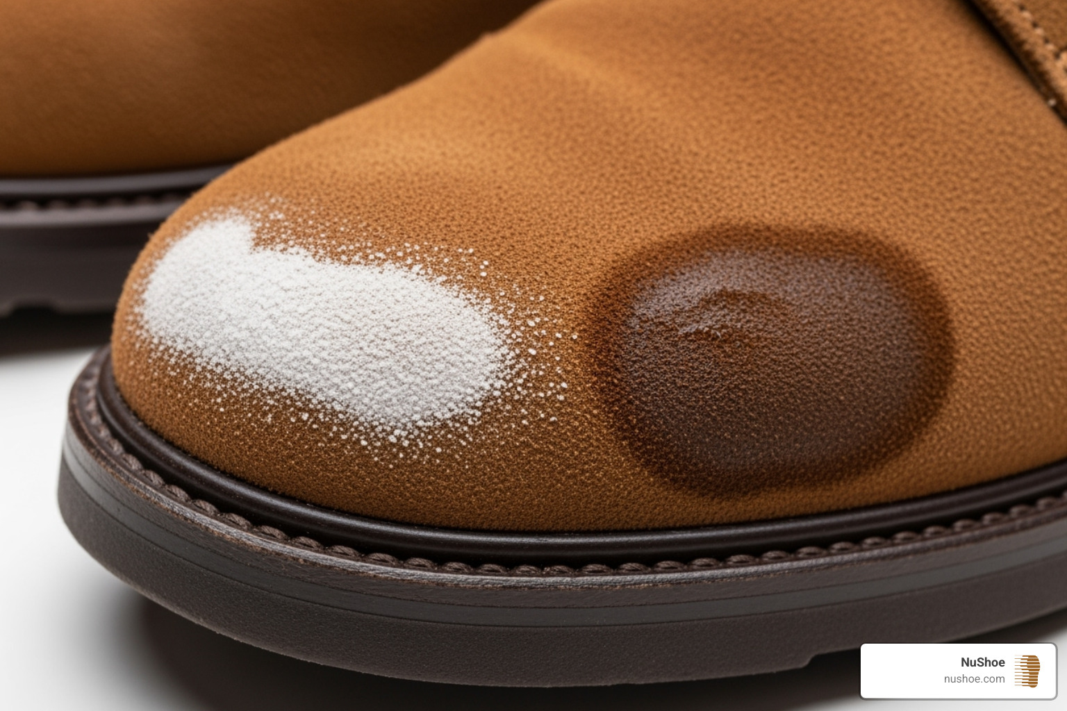 close-up on a suede shoe showing a prominent salt or water stain - suede restoration near me