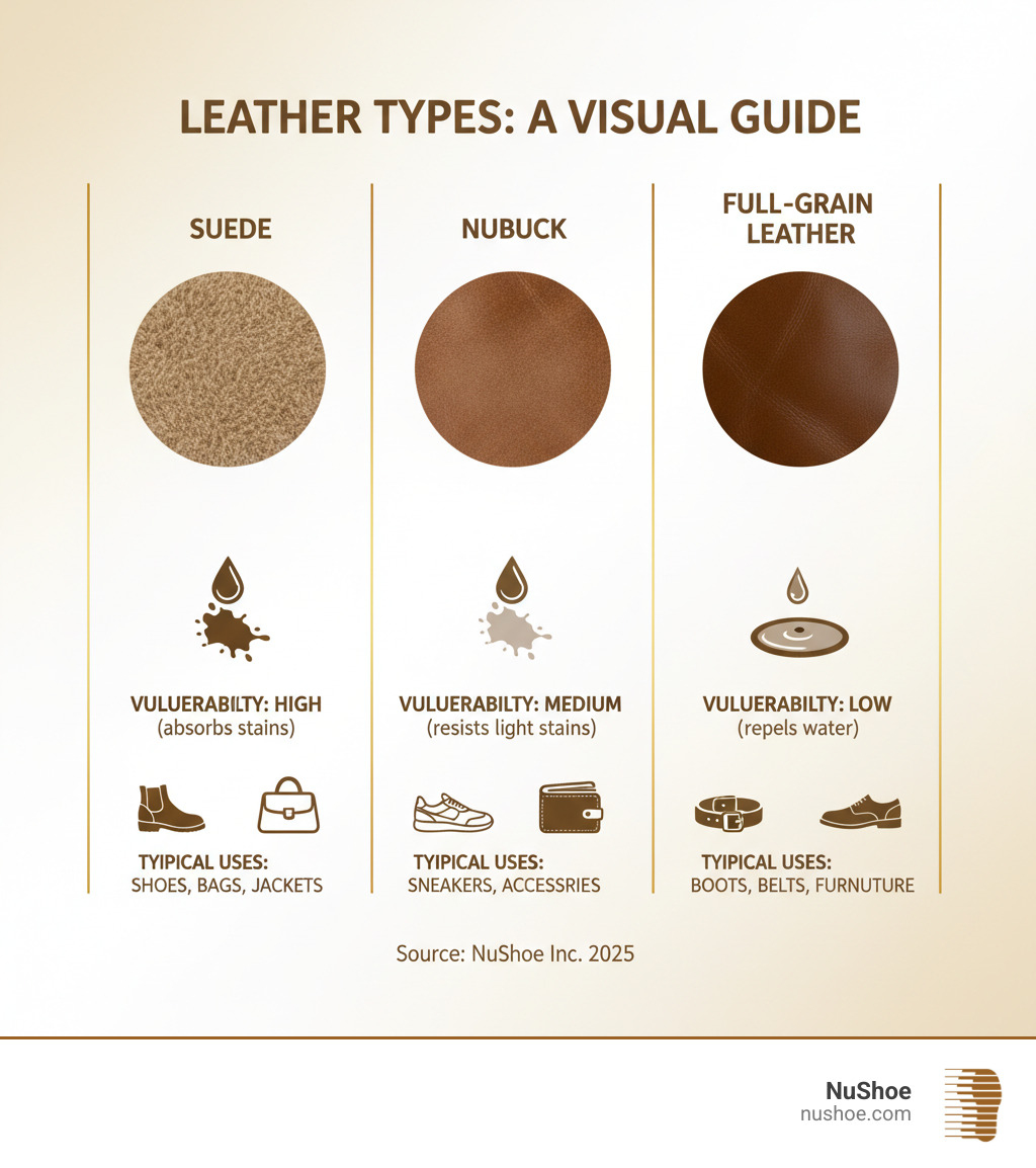 Infographic showing the difference between suede (soft napped finish from hide underside), nubuck (buffed outer hide), and full-grain leather (smooth outer hide), with visual examples of texture, vulnerability to stains, and typical uses for each material type - suede restoration near me infographic 