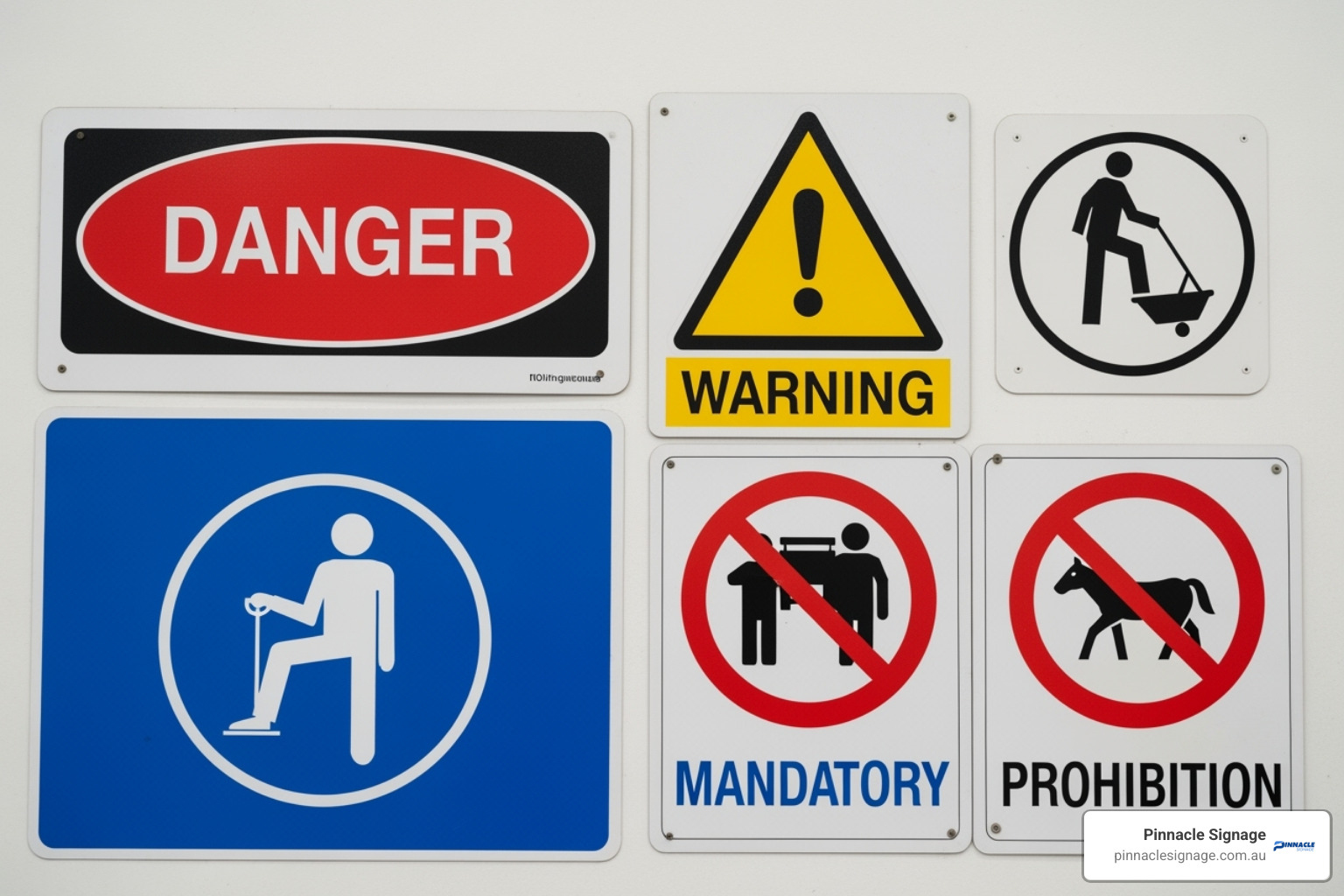 a wall displaying different categories of safety signs (Danger, Caution, Mandatory, Prohibition) in an Australian workplace setting - safety signage new south wales a wall displaying different categories of safety signs (Danger, Caution, Mandatory, Prohibition) in an Australian workplace setting - safety signage new south wales