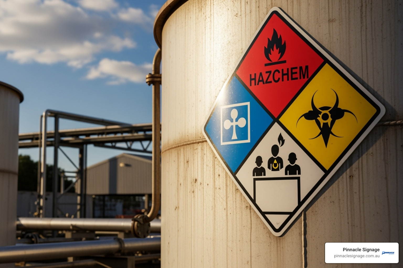 a compliant HAZCHEM information placard on a chemical storage tank in an Australian industrial setting - safety signage new south wales a compliant HAZCHEM information placard on a chemical storage tank in an Australian industrial setting - safety signage new south wales