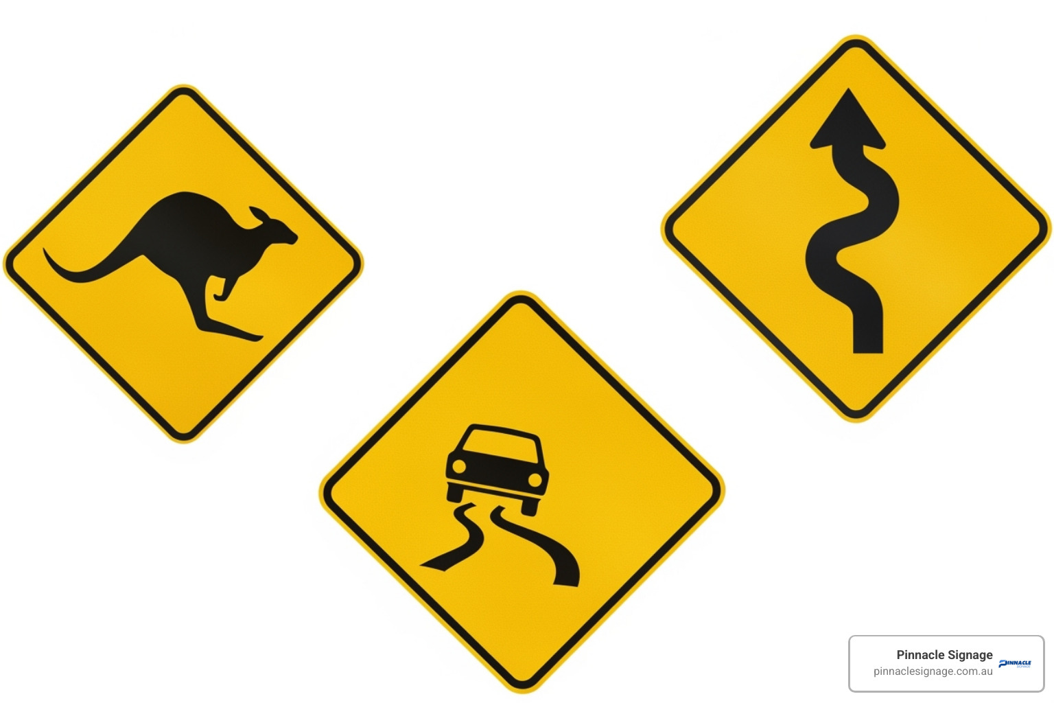 collage of common NSW road warning signs like 'Kangaroos', 'Winding Road', and 'Slippery When Wet' with Australian road numbering and designs - safety signage new south wales collage of common NSW road warning signs like 'Kangaroos', 'Winding Road', and 'Slippery When Wet' with Australian road numbering and designs - safety signage new south wales