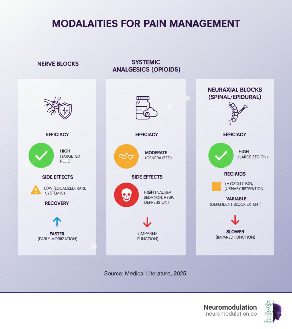 Infographic comparing Nerve Blocks vs. Systemic Analgesics (Opioids) vs. Neuraxial Blocks (Spinal/Epidural) on efficacy, side effects, and recovery. Each modality is rated or described across these parameters. - nerve block techniques infographic 