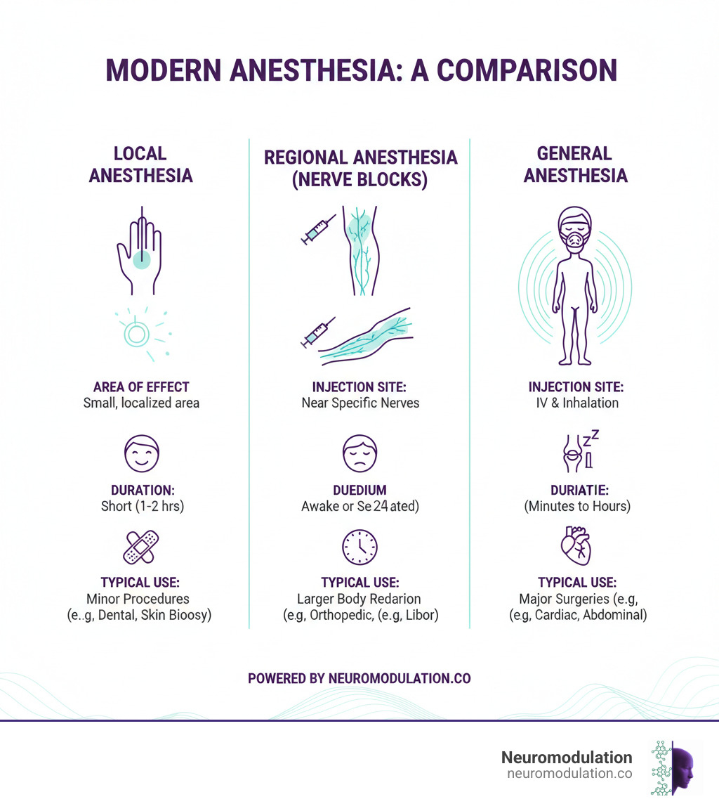 Comprehensive infographic showing the three main categories of anesthesia: local anesthesia (direct tissue infiltration with small area of numbness), regional anesthesia including nerve blocks (injection near specific nerves blocking larger body regions like an entire limb), and general anesthesia (whole body unconsciousness). Visual comparison includes injection sites, area of effect, patient consciousness level, duration of action, and typical use cases for each method. - nerve block techniques infographic 