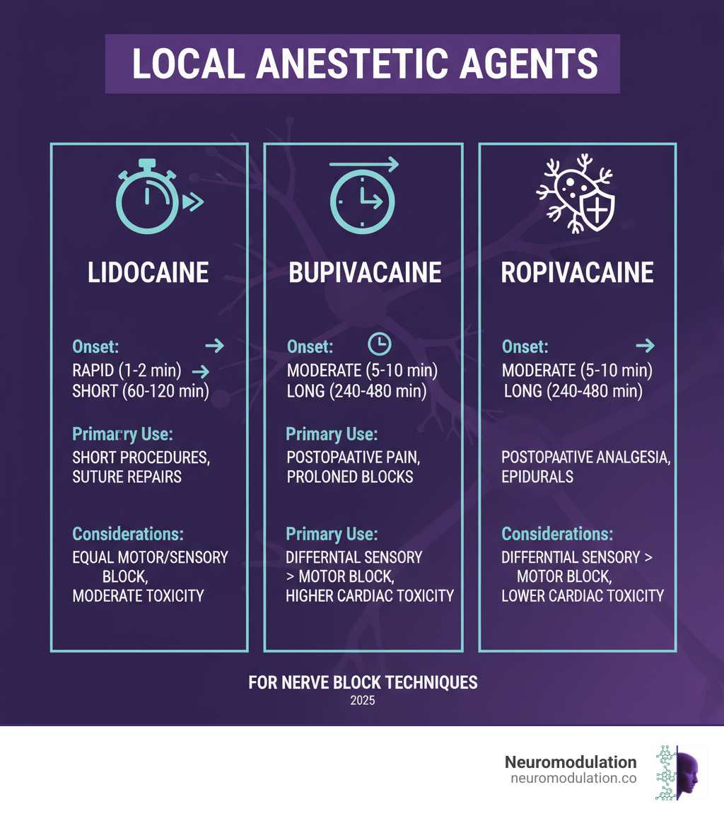 Infographic listing common local anesthetic agents: Lidocaine, Bupivacaine, Ropivacaine. For each, it details typical onset time, duration of action, primary use cases (e.g., rapid onset for short procedures, long duration for postoperative pain), and key considerations regarding motor vs. sensory block and toxicity profile. - nerve block techniques infographic 