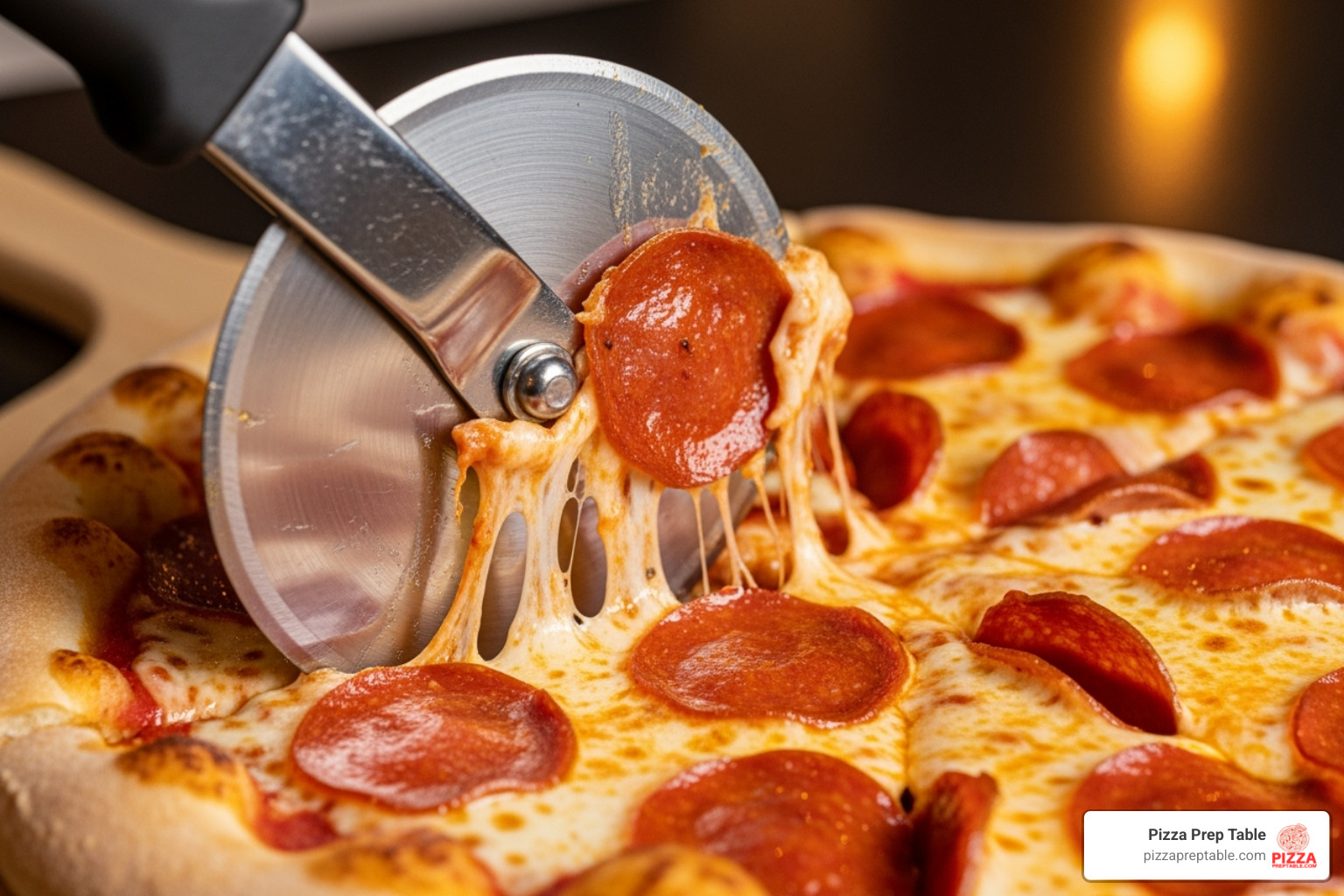 A pizza wheel dragging cheese and toppings across a freshly baked pizza, leaving a messy trail - pizza scissors