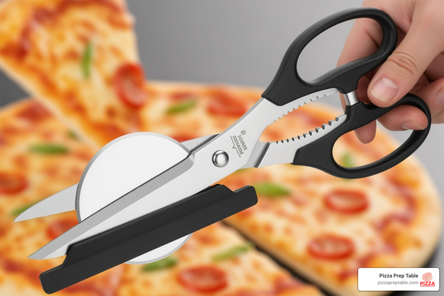 A high-quality pair of pizza scissors with callouts pointing to the blade, handle, pivot, and a protective base on the lower blade - pizza scissors