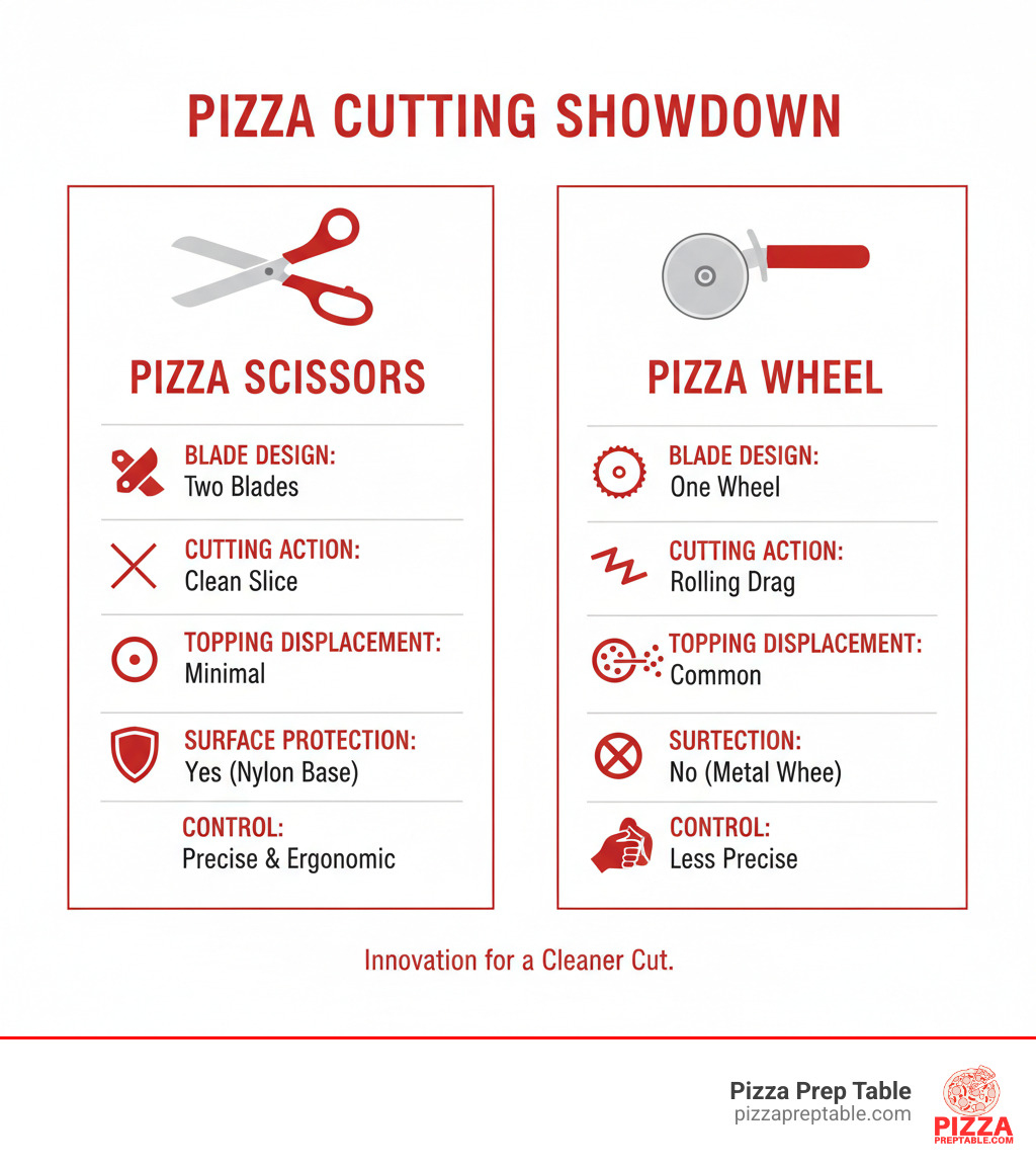 Infographic comparing pizza scissors and pizza wheels showing blade design, cutting action, topping displacement, surface protection, and control differences - pizza scissors infographic 