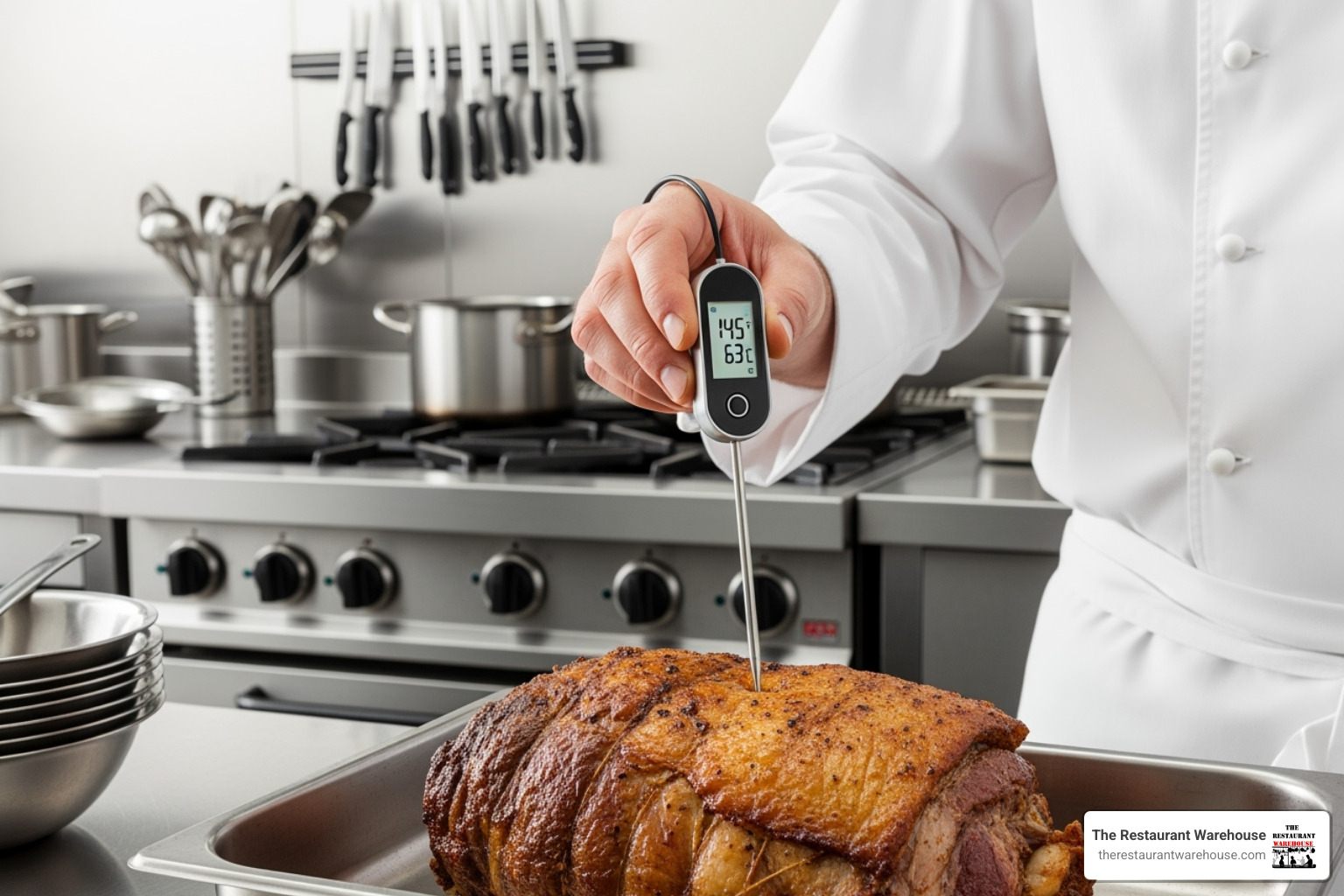 a chef using a digital food thermometer to check the temperature of a roast, with a clean, organized background. - restaurant smallwares
