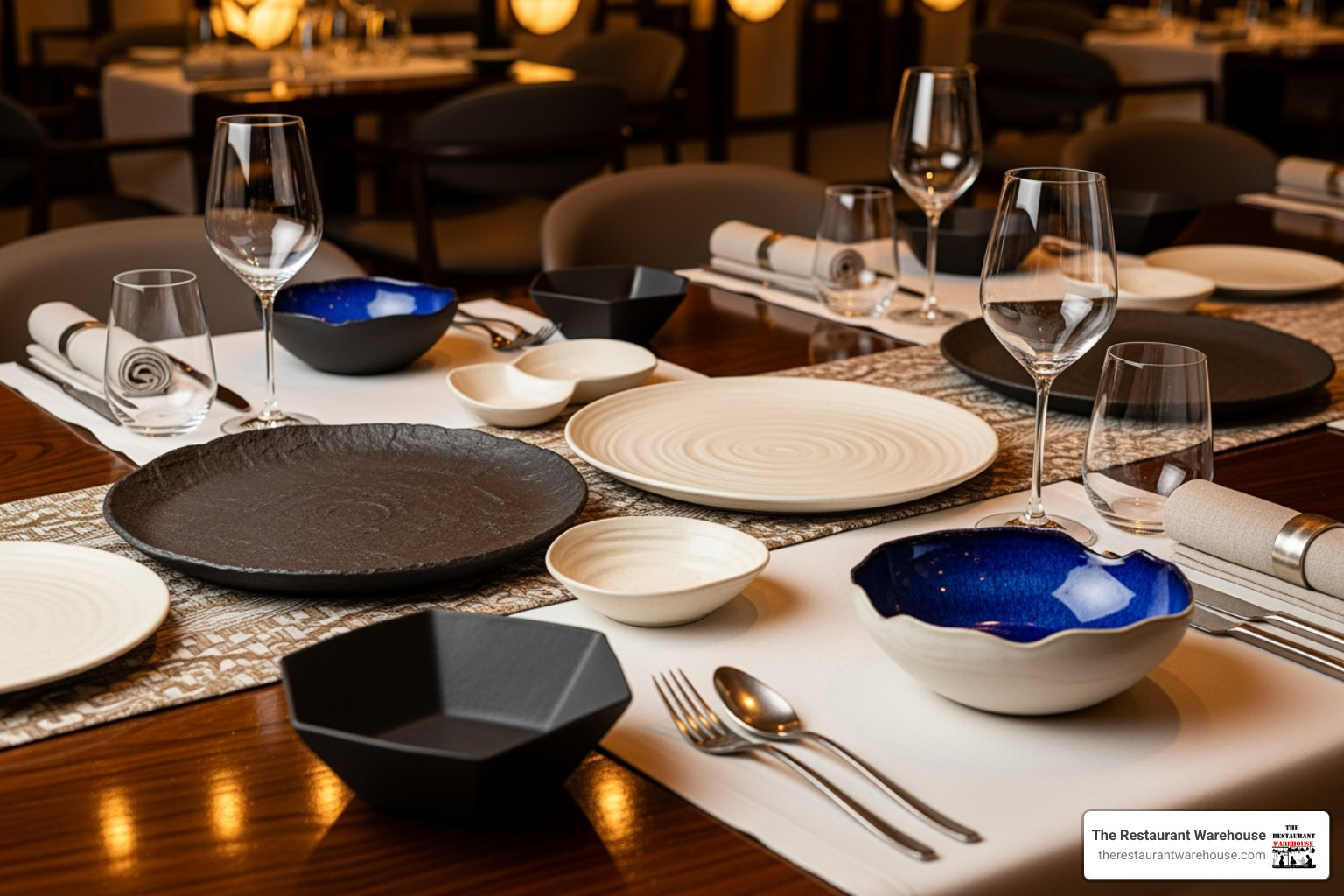 an neatly set table showcasing unique serving smallwares, including textured platters, modern bowls, and stylish flatware. - restaurant smallwares