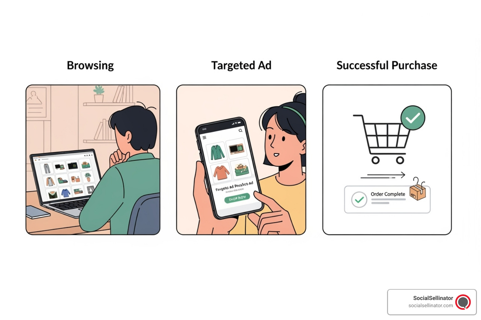 Flowchart illustrating a dynamic retargeting sequence for an ecommerce customer journey, showing steps from website visit to ad exposure and conversion - ecommerce ppc strategy Flowchart illustrating a dynamic retargeting sequence for an ecommerce customer journey, showing steps from website visit to ad exposure and conversion - ecommerce ppc strategy