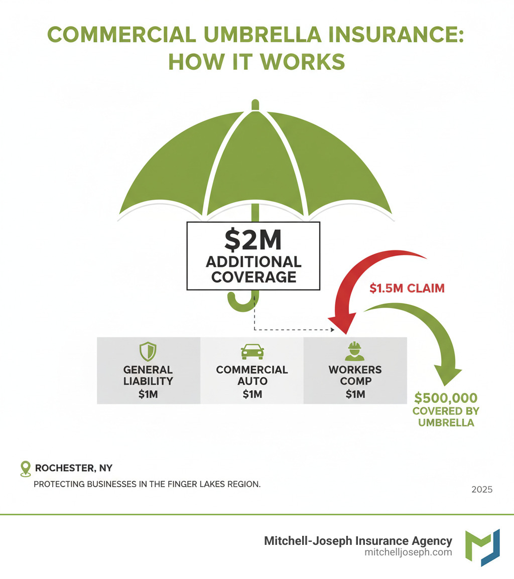 Infographic showing how commercial umbrella insurance works: A visual representation of a base layer representing primary insurance policies (General Liability $1M, Commercial Auto $1M, Workers Comp) with an umbrella graphic above providing an additional $2M in coverage, demonstrating how umbrella insurance activates when a $1.5M claim exceeds the $1M general liability limit, covering the remaining $500,000 - commercial umbrella insurance rochester ny infographic Infographic showing how commercial umbrella insurance works: A visual representation of a base layer representing primary insurance policies (General Liability $1M, Commercial Auto $1M, Workers Comp) with an umbrella graphic above providing an additional $2M in coverage, demonstrating how umbrella insurance activates when a $1.5M claim exceeds the $1M general liability limit, covering the remaining $500,000 - commercial umbrella insurance rochester ny infographic