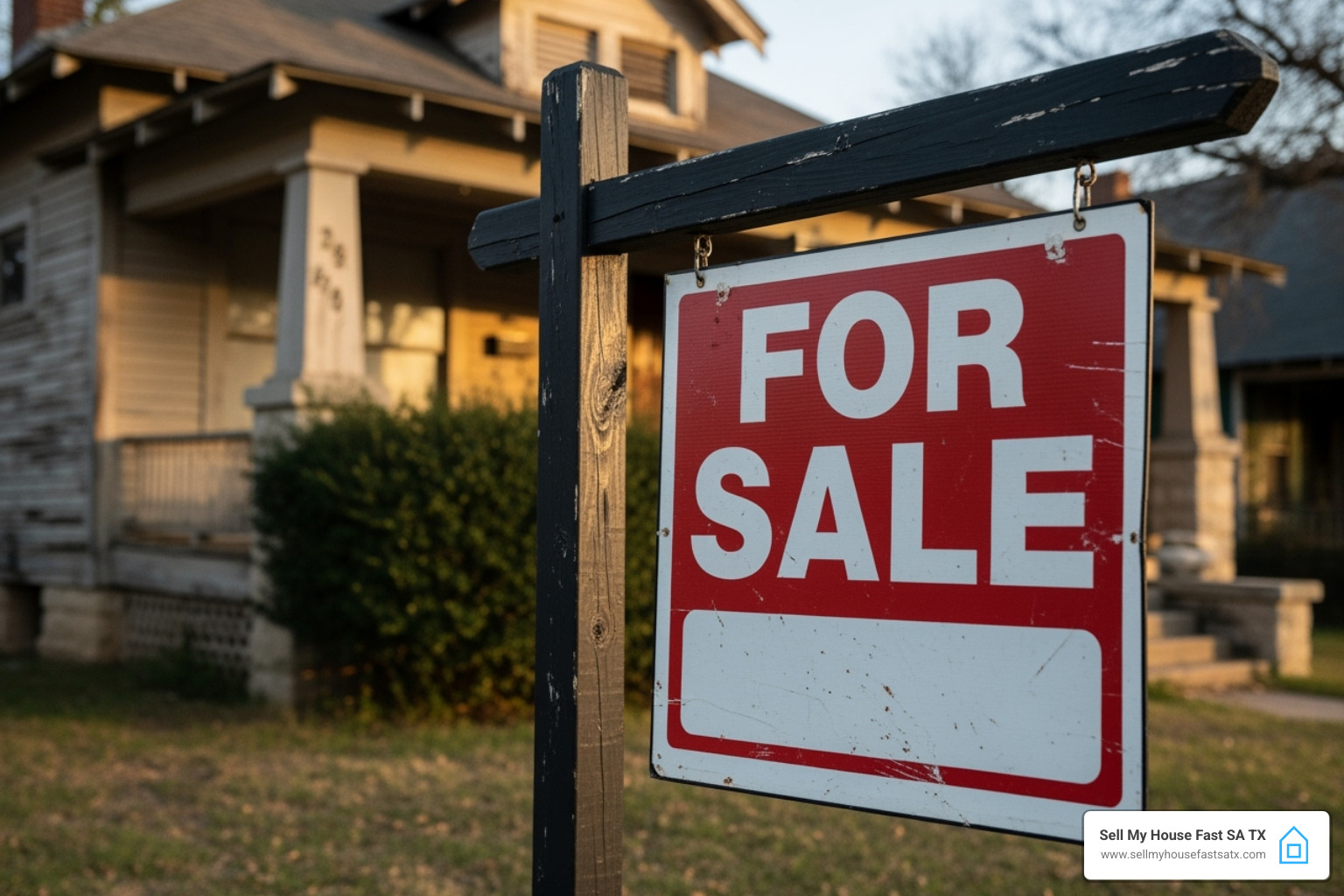 A weathered and old 'For Sale' sign in front of an aged house in San Antonio - how long does it take to sell a house A weathered and old 'For Sale' sign in front of an aged house in San Antonio - how long does it take to sell a house