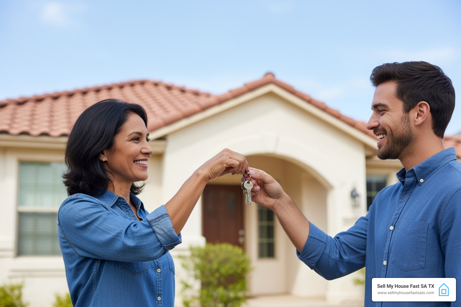 A happy homeowner hands keys to a cash buyer in front of a San Antonio style house - how long does it take to sell a house A happy homeowner hands keys to a cash buyer in front of a San Antonio style house - how long does it take to sell a house