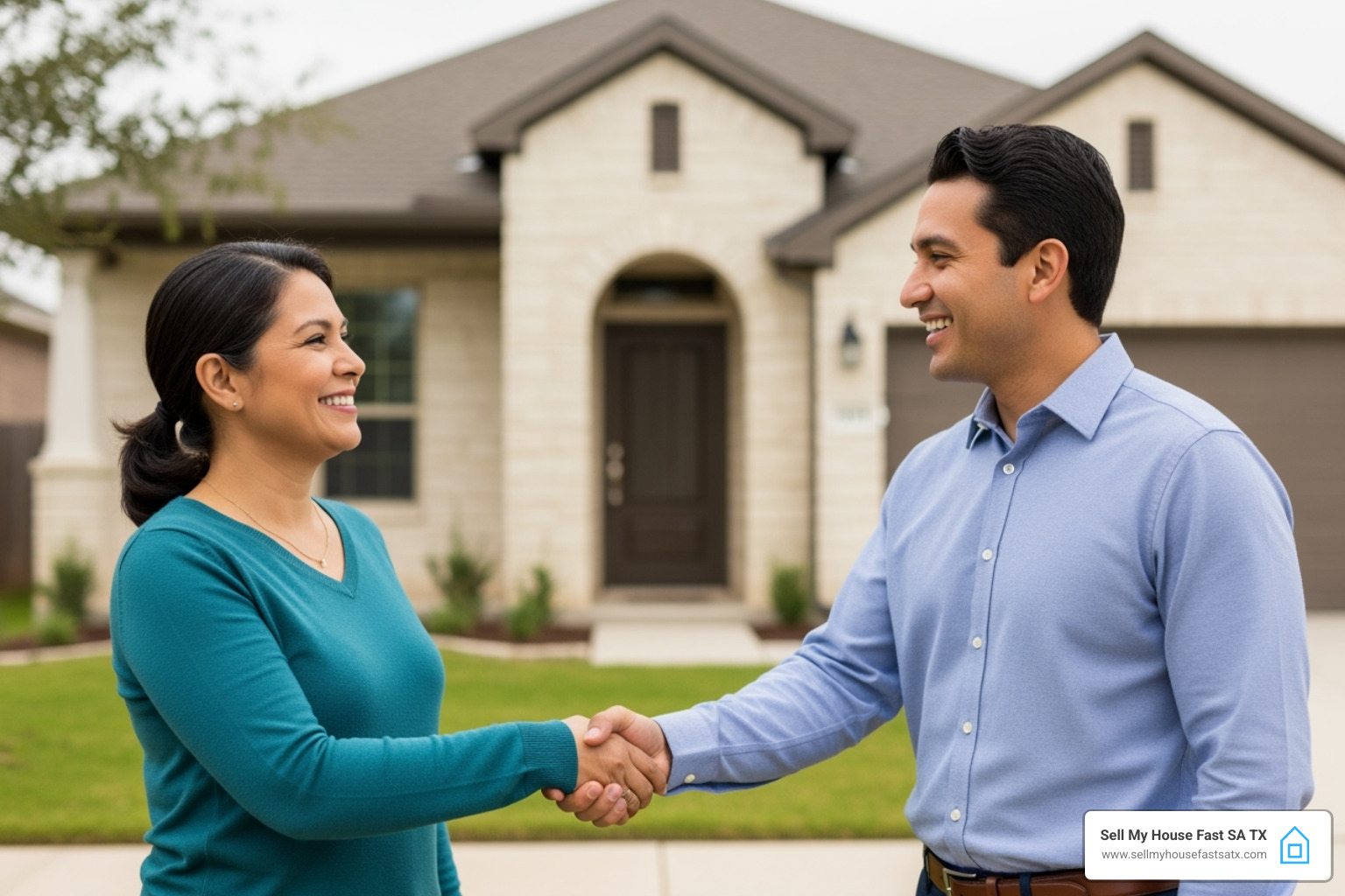 Happy San Antonio homeowner shaking hands with a Cash Buyer. - how much does it cost to sell a house Happy San Antonio homeowner shaking hands with a Cash Buyer. - how much does it cost to sell a house