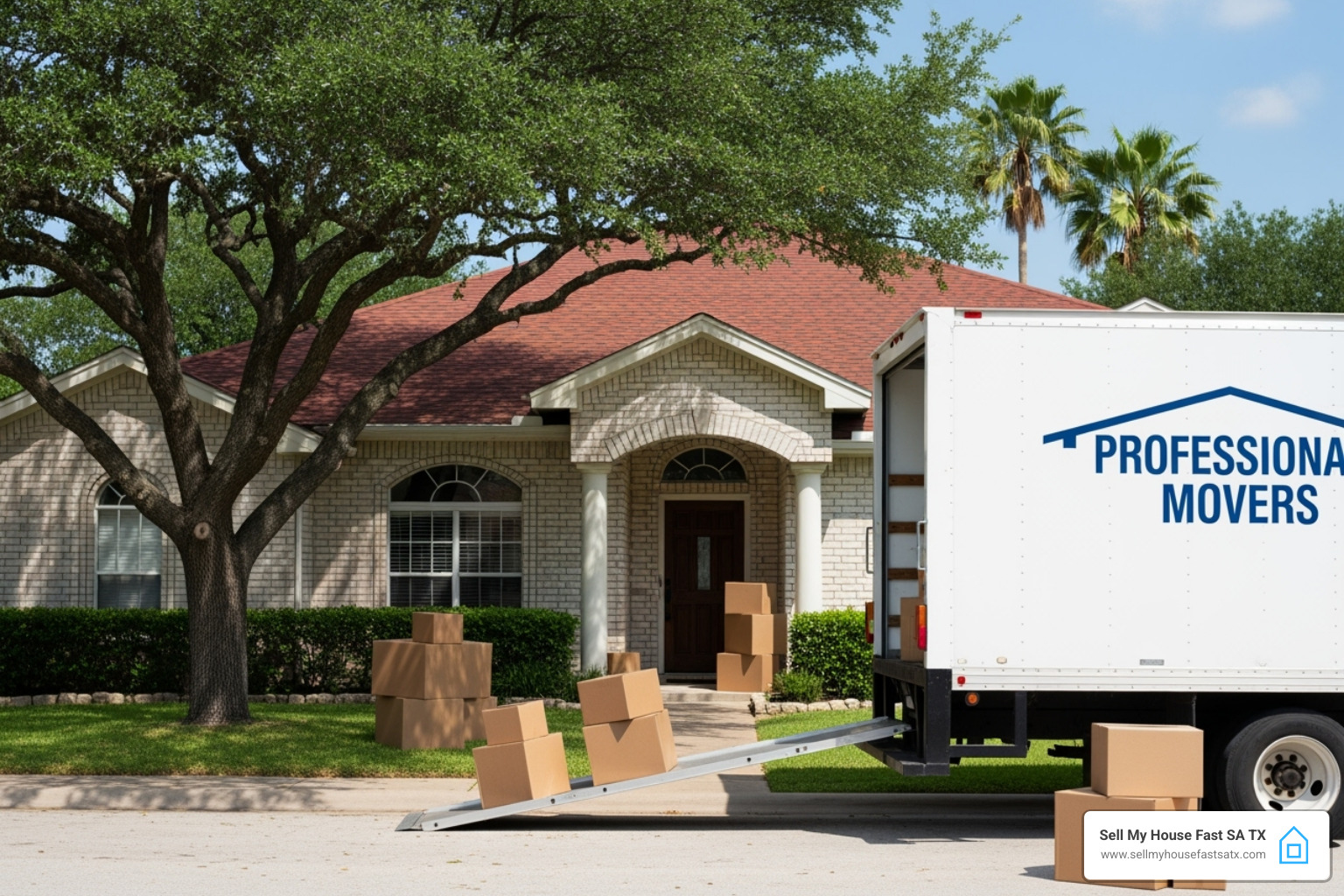 Moving truck and boxes in front of a San Antonio home. - how much does it cost to sell a house Moving truck and boxes in front of a San Antonio home. - how much does it cost to sell a house
