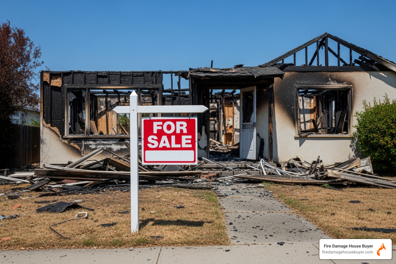 A "For Sale" sign stands prominently in front of a fire-damaged property - what happens if your house burns down A "For Sale" sign stands prominently in front of a fire-damaged property - what happens if your house burns down